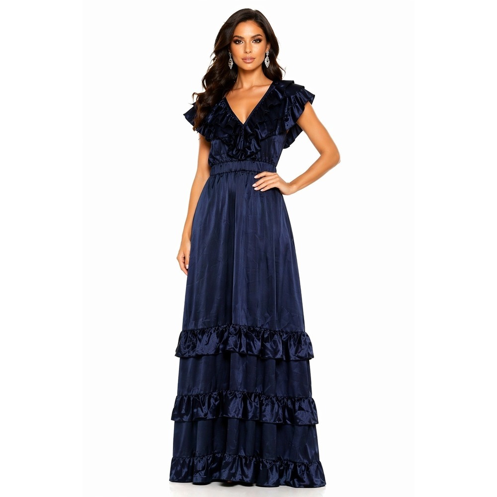Few‎ Moda Lia Maxi Dress Navy Blue Ruffle Tiered V-Neck Gown Size Small NEW